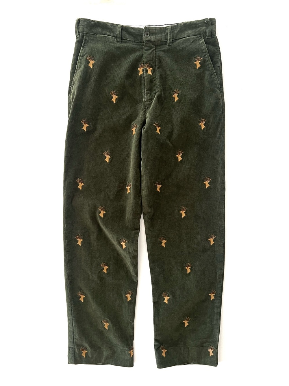 Castaway Corduroy Pants in Olive Green with Embroidered Buckhead 33 x 32